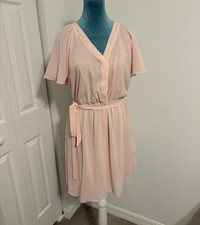 H&M Pink Chiffon Wrap Dress V-Neck Flutter Sleeve Tie Waist Short M