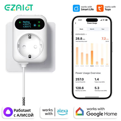 16A Tuya Wifi Smart Plug Digital Thermostat Socket Outlet Power Monitor Wireless