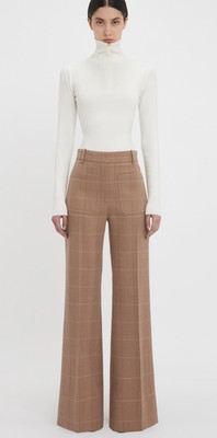 Victoria Beckham Alina Camel Check Wide-Leg Trousers UK 12