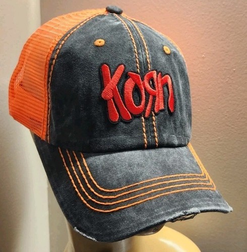 Korn Trucker Hat Distressed Baseball Cap Black & Orange Meshed Korn Hat - Picture 8 of 15