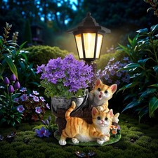 Solar Cat Outdoor Statues, Garden Sculptures with Flowerpot Decor Solar Lanter
