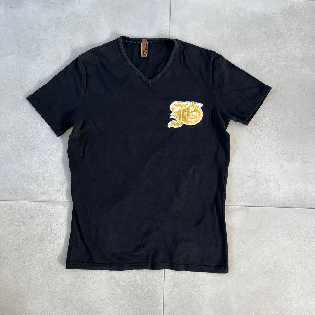 JOHN GALLIANO Black Logo T-Shirt M Size V-Neck Gold Print