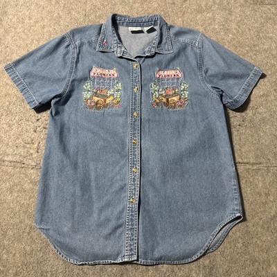 Vintage Bobbie Brooks Denim Shirt Womens M Embroidered Chambray Button Up Flower
