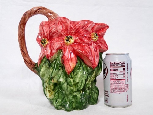 Vintage Majolica Poinsettia Ceramic Pitcher Made In Italy for Neiman Marcus - Picture 5 of 13