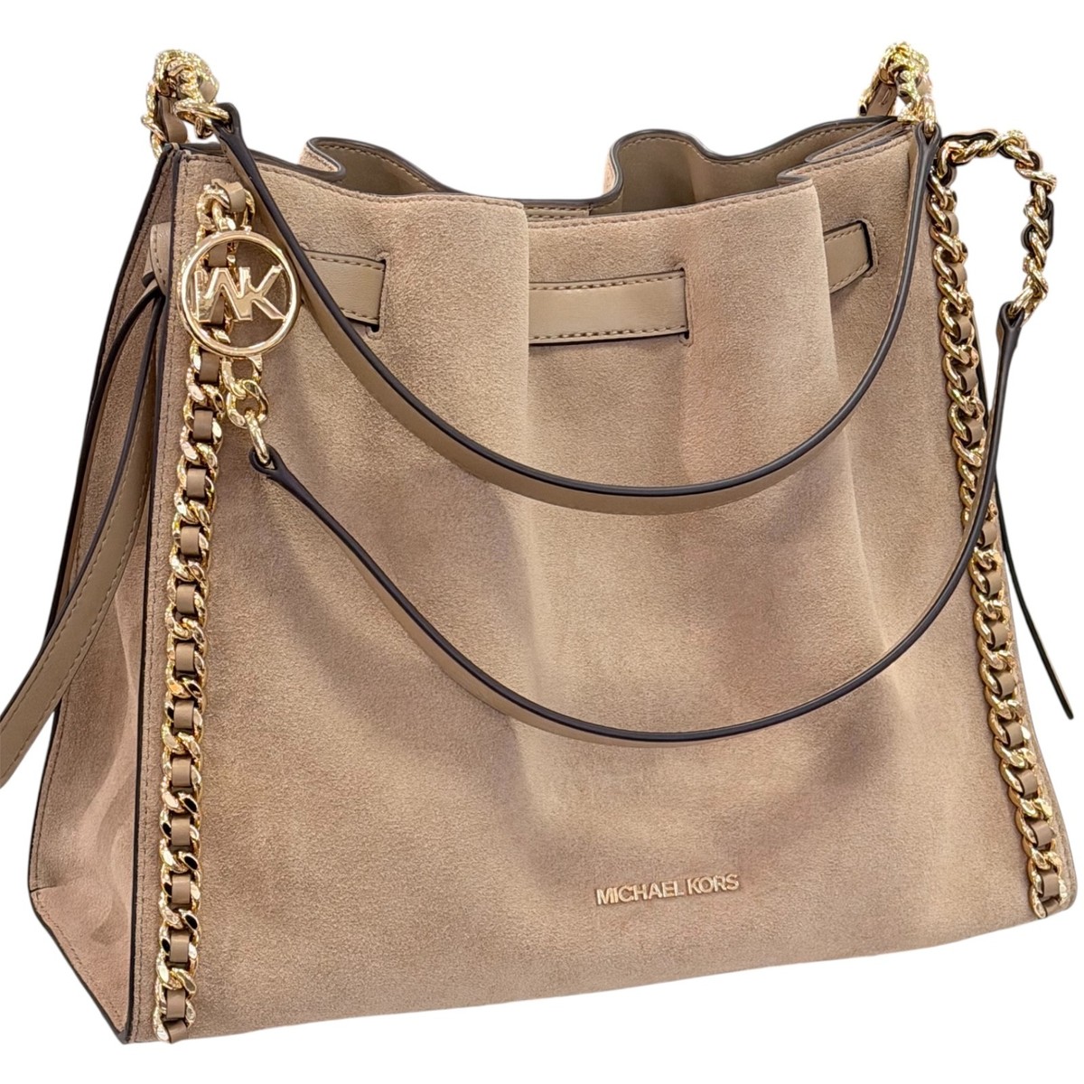 Michael Kors Mina Large Suede Chain Belted Logo Shoulder Bag Camel