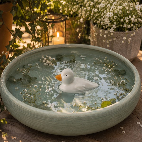Teichdeko Ente Dekofigur Schwimmend Porzellan Weiß Dekoente Tierfigur L: 9,7Cm-image