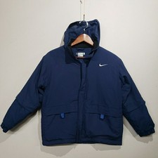 VTG Nike Winter Jacket Youth Medium Navy Blue Puffer Coat Hooded Y2K Boys Girls