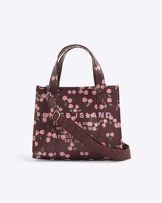 River Island Womens Tote Bag Red Cherry Print Embroidered Popper Fastening
