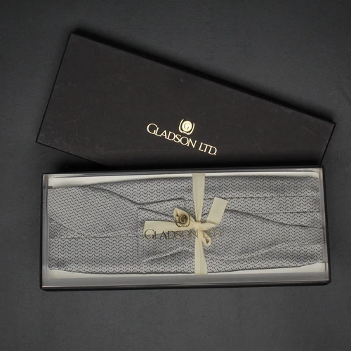 Gladson Mens Silk Bow Tie Cummerbund Box Set Silver Chevron Weave Wedding Formal