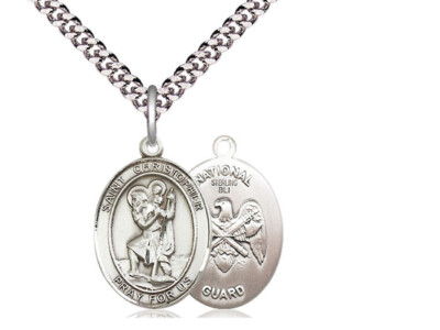 Sterling Silver St Christopher National Guard Medal Pendant Necklace 24'' Chain