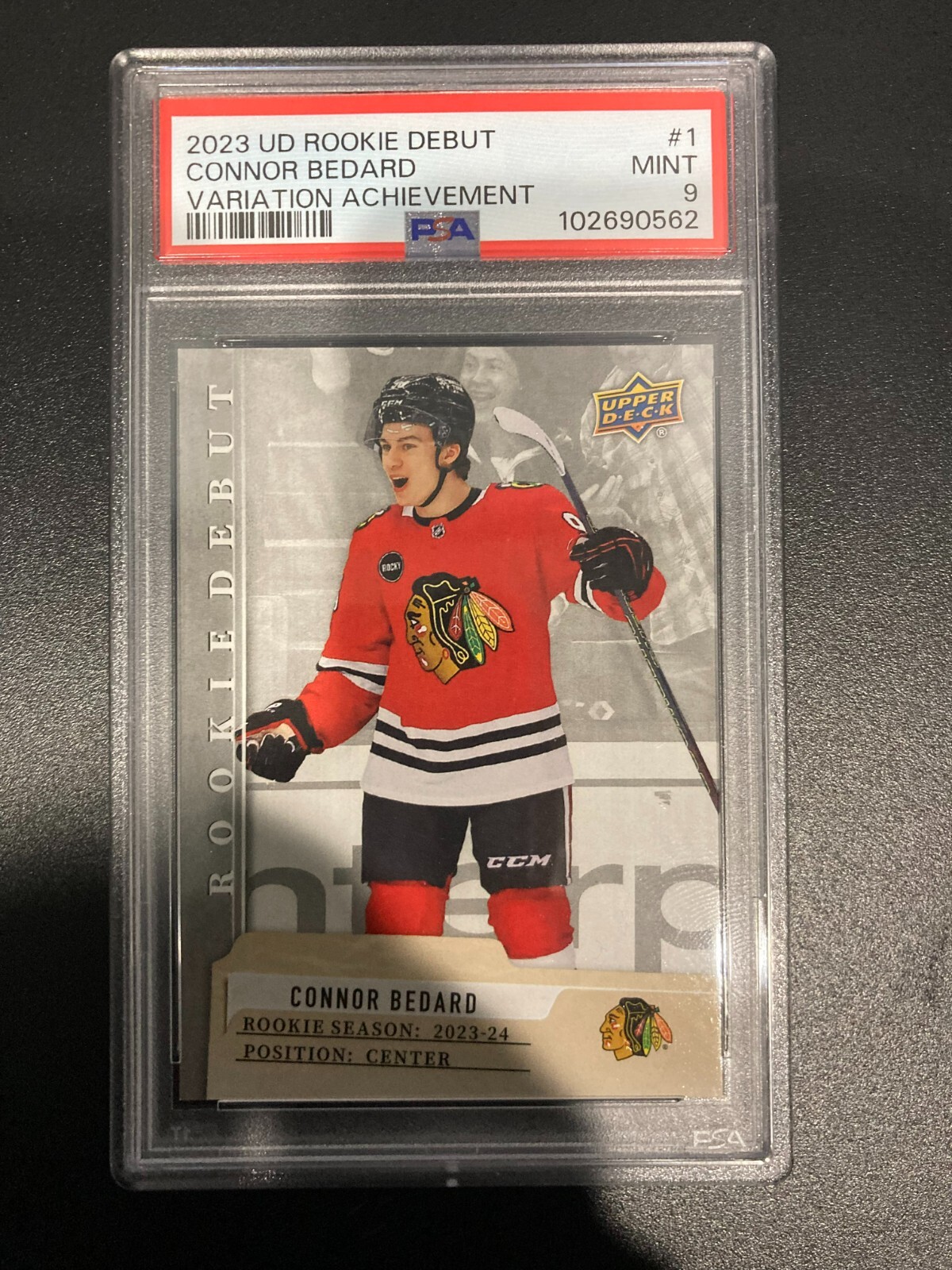 2023/24 UPPER DECK ROOKIE DEBUT #1 CONNOR BEDARD VARIATION ACHIEVEMENT 1 PSA 9