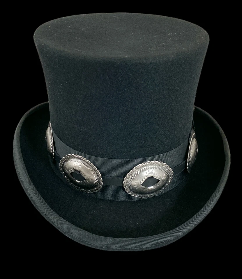 Black 100% Wool Felt Top Hat Concho Band Victorian Costume Slash Mad Hatter USA  - Image 4 of 4