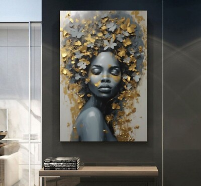 XL LEINWAND BILDER BIS 155x100x5 FRAU BLÜTEN-BLÄTTER GRAU-GOLD-3D-OPTIK MODERNES