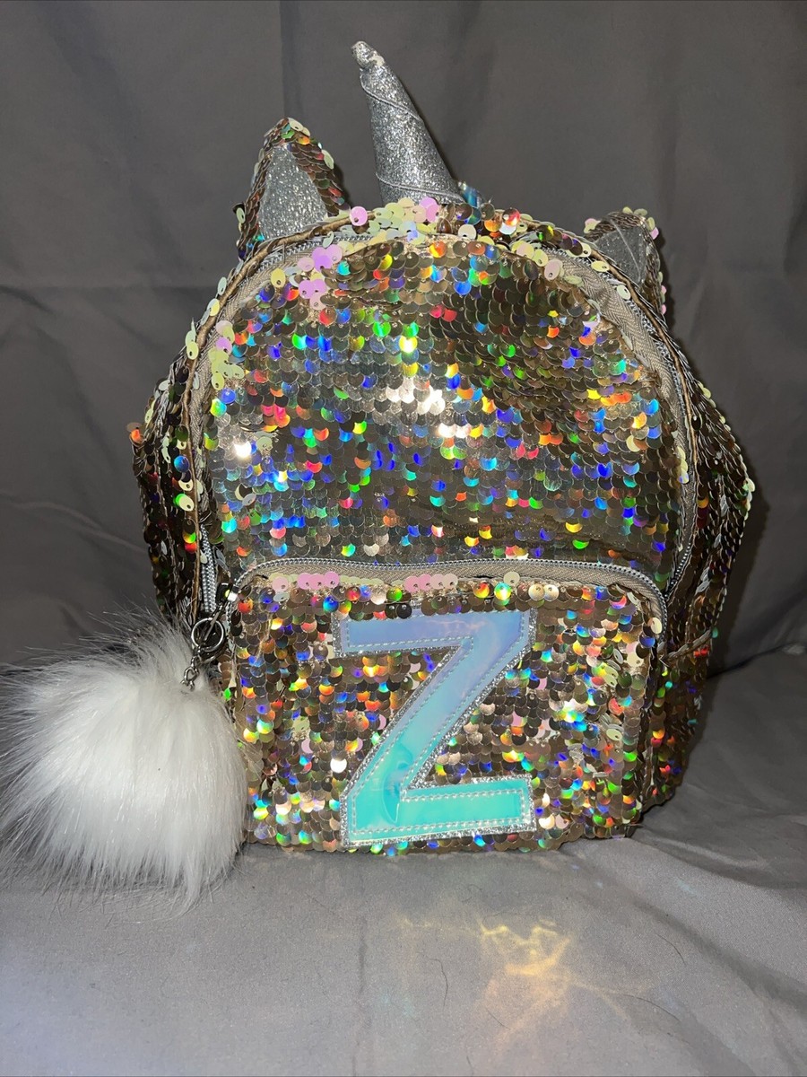 Justice Unicorn White Silver Flip Sequin Initial Z Mini Backpack Horn  EarsPompom