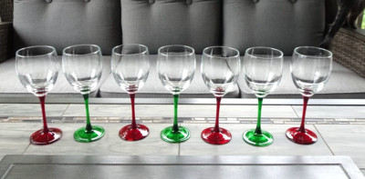 Set of 7 Luminarc Cristal d'Arques Glass Green & Ruby Red Stem Water Goblets