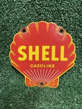 VINTAGE SHELL PORCELAIN SIGN GASOLINE COMPANY DIE CUT PETROL ADVERTISING OIL GAS