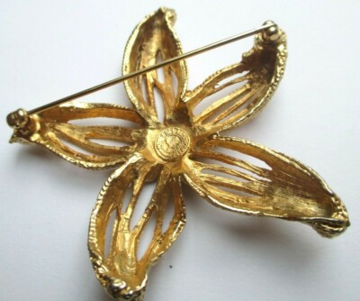 Broche Vintage étoile De Mer (astérie) Dorée Avec Cristaux Rubis - Occasion Impeccable