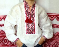 Ukrainian VYSHYVANKA kid boy hand embroidered LINEN white SHIRT red black 2T-10T