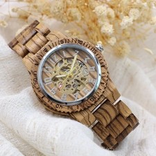 Luxury Zebrawood Mechanical Watch Unisex Wooden Automatic Anniversary Gift UK