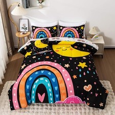 5 Piece Rainbow Comforter Set for Girls Boys Kids, Cartoon Cute Full Black