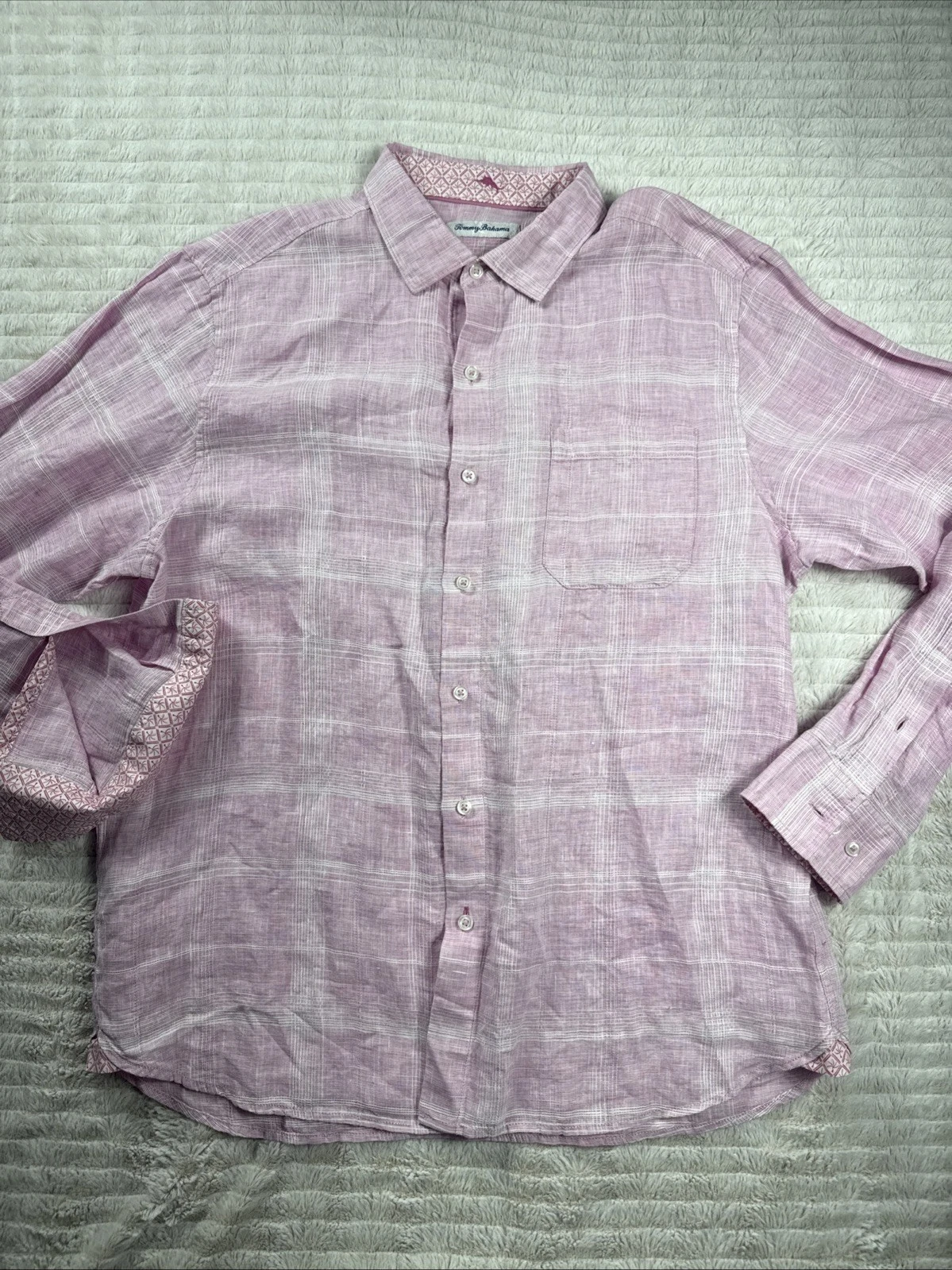 Tommy Bahama Men Large Ventana Plaid 100% Linen Shirt Pink Coastal Preppy EUC