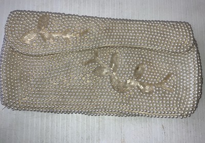 Antique Vtg Faux Pearl Embroidered Evening Pouch Handbag Clutch Japan READ/70d