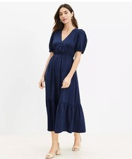 LOFT Textured Balloon Sleeve Flounce Midi Dress Navy Women's NEW Sz 6 READ!