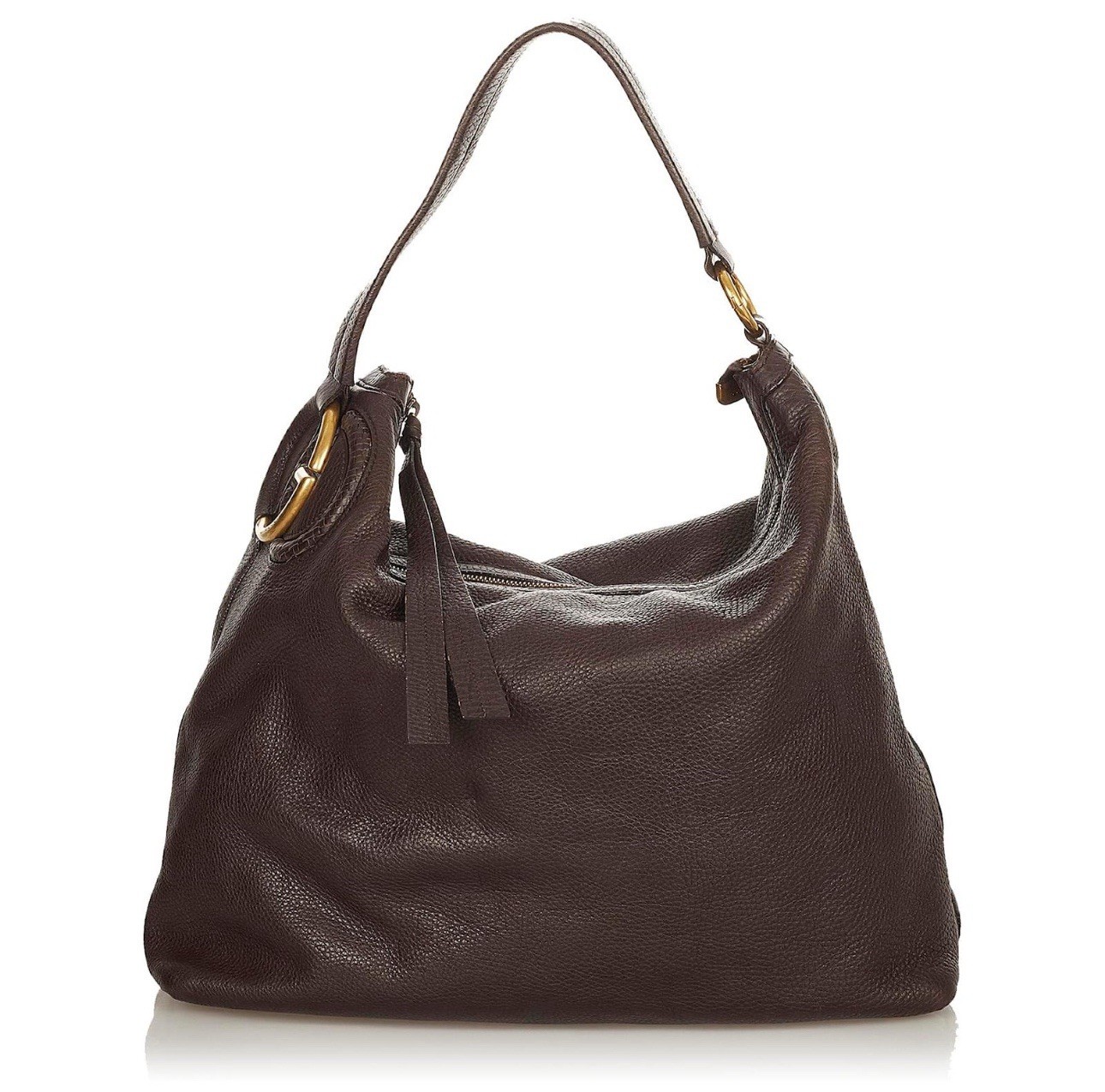Gucci Brown Leather Hobo Bag with GG Gold Detail and Top Zip