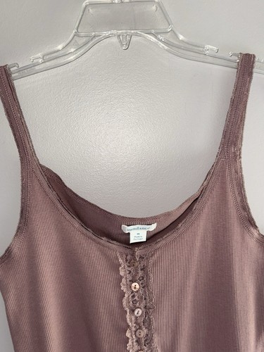 Sundance geripptes Tanktop Y2K Spitze Salatsaum Cami Knopf braun adrett Medium - Bild 4 von 13