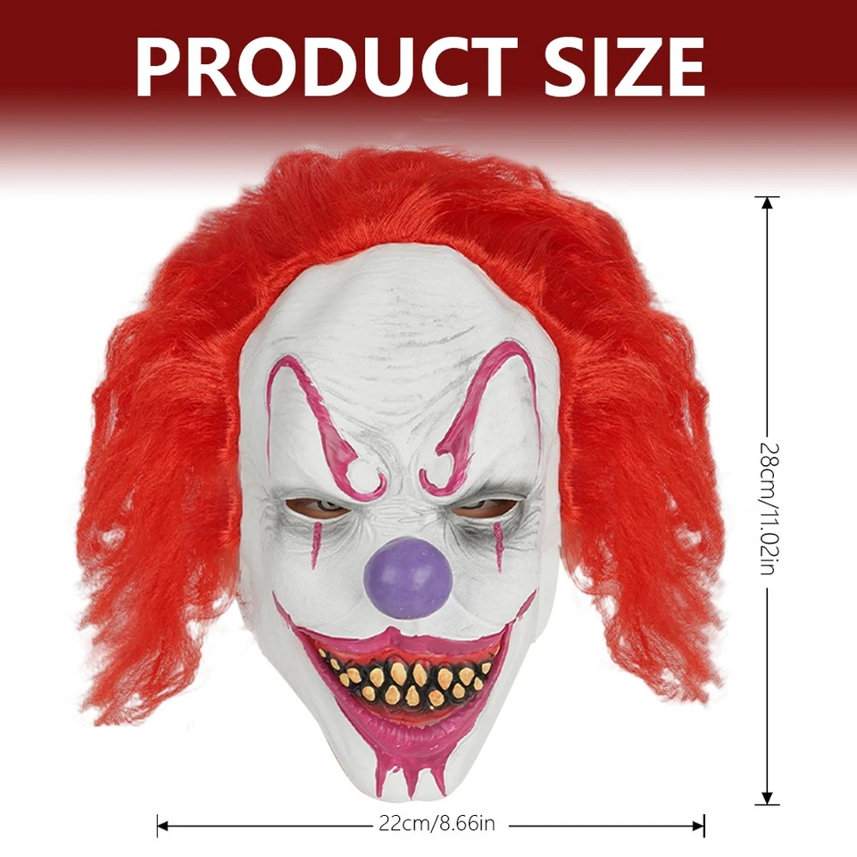 Horror Clown Maske mit Rot Haar für Karneval oder Halloween, Zubehör für Kostüme - Bild 2 von 4
