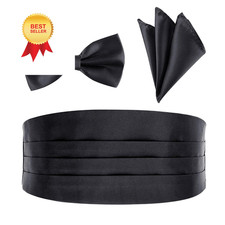 BlingKingdom Men's Satin Cummerbund Pretied Bow Tie Breast One Size, Black