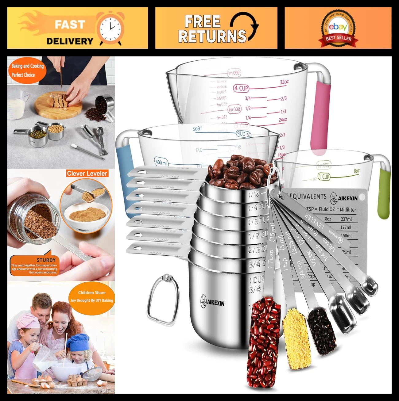 20-Piece Measuring Cups & Spoons Set - Stackable Stainless Steel & Plastic for C