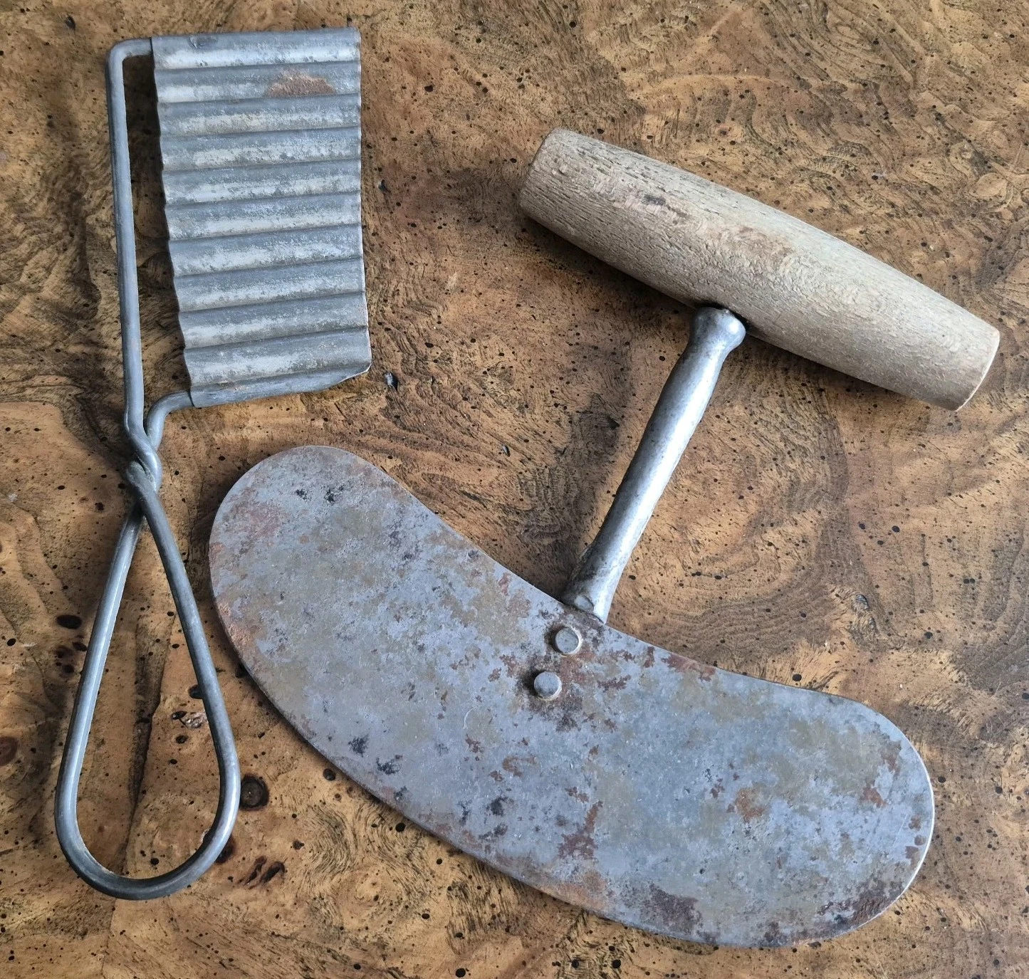 Antique Kitchen Tools Mezzaluna Herb Chopped & Crinkle Potato Cutter c.1910-30s