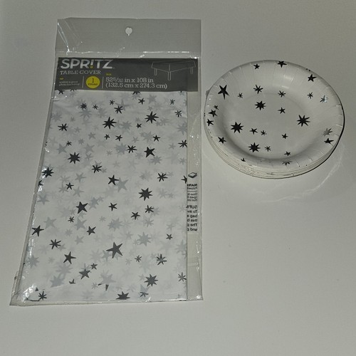NEU Spritz weiß silber Sterne 52x108 Tischdecke 20 Snack Teller Party Posten