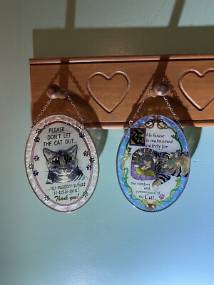 2 Handpainted Kitschy Cat Stain glass Pictures Funny Cute Don t Let Your Cat Out