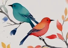 ACEO *PRINT* Mini Miniature Tiny Art Watercolor Blue & Red Song Birds by Saulite