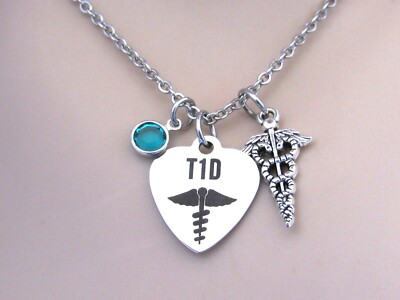 Medical Alert Type 1 Diabetes Heart Necklace W/ Caduceus Charm Birthstone, T1D