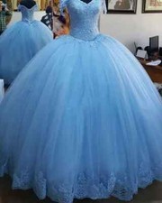 Blue Tulle Quinceanera Dresses Ball Gown Applique Sweetheart Tulle Sweet 15 16
