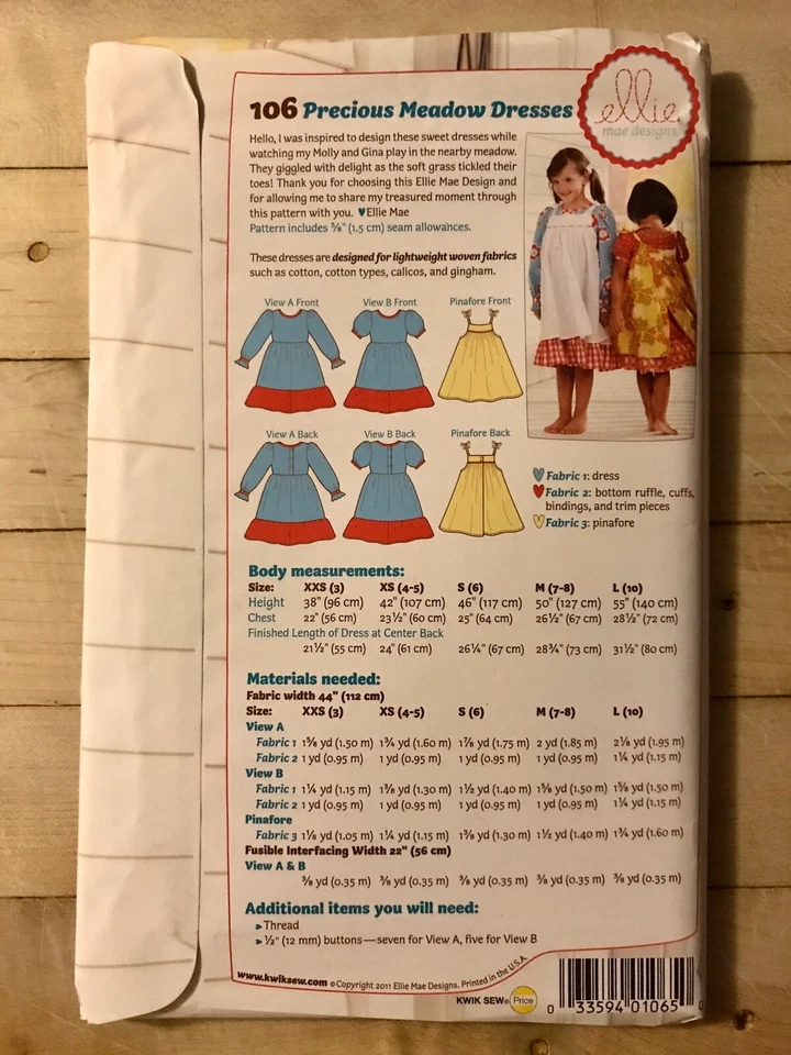 Ellie Mae Designs Pattern 106 Precious Meadow Dresses Size 3 Thru 10 Uncut - Image 2 of 2