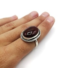 Antique Silver Berber Ring and Brown Glass from Morocco, Size US 6