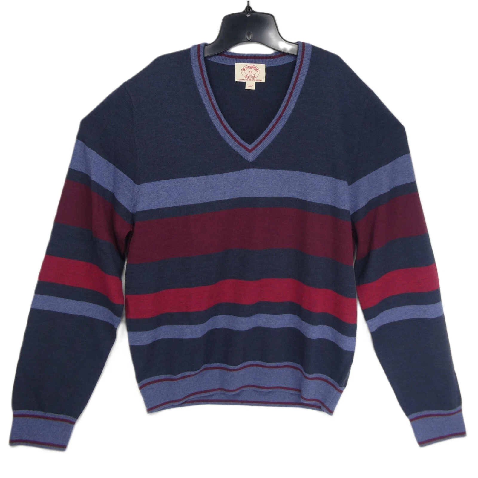 Brooks Brothers Men's Blue Red XL Extra Fine Italian Merino Wool Sweater V Neck
