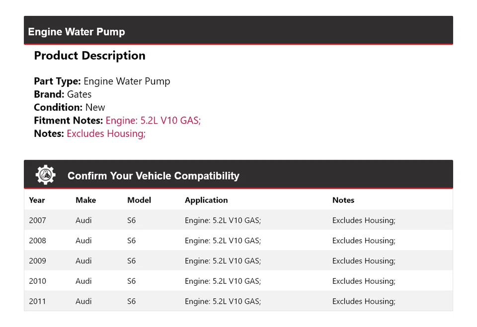 For 2007-2011 Audi S6 5.2L V10 GAS Engine Water Pump Gates 2008 2009 2010 - Image 2 of 4