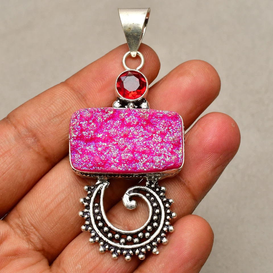 Titanium Druzy Gemstone Handmade 925 Sterling Silver Jewelry Pendant 2.59" - Image 3 of 4