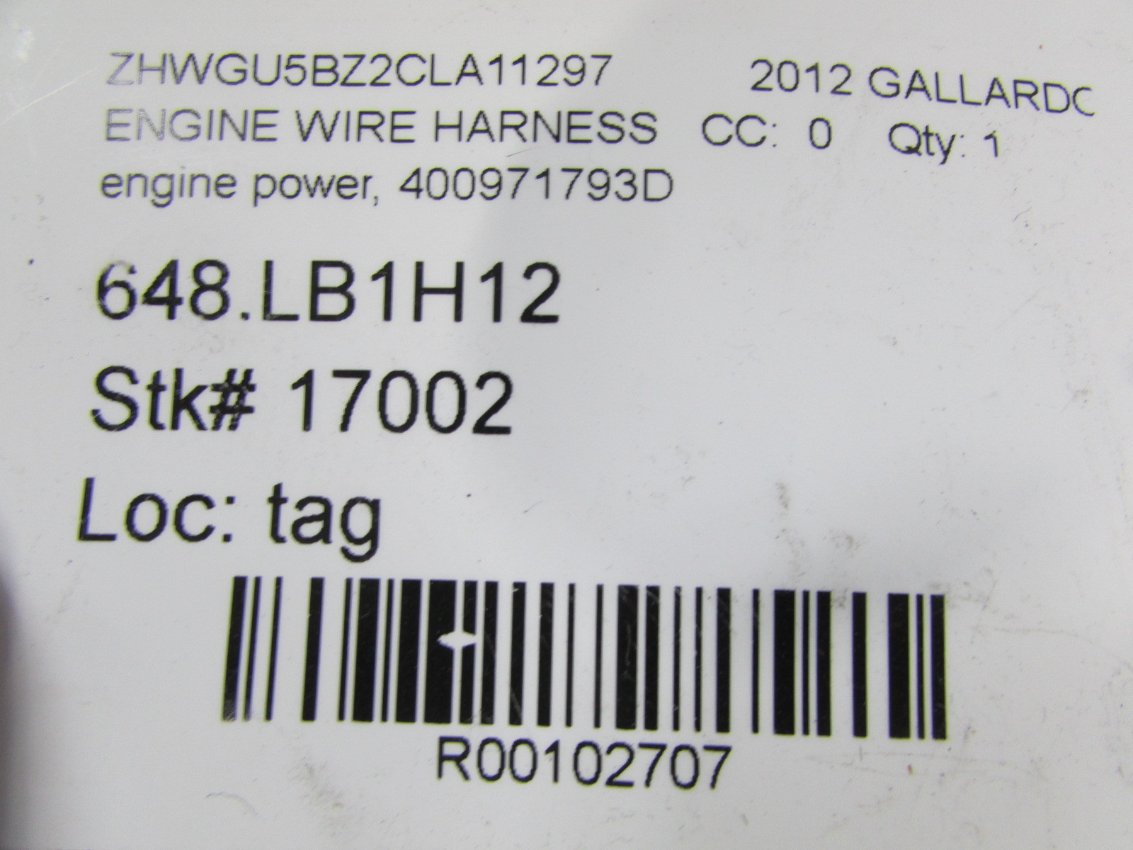 Lamborghini Gallardo, Starter Wiring Cable, Used P/N 400971793D, 