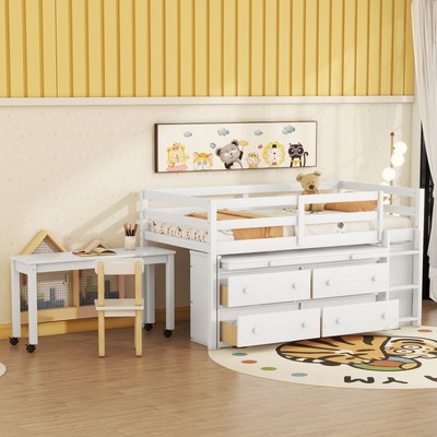 Twin Loft Bed with Retractable Writing Desk and 4 Drawers Shelves White BC2A0970