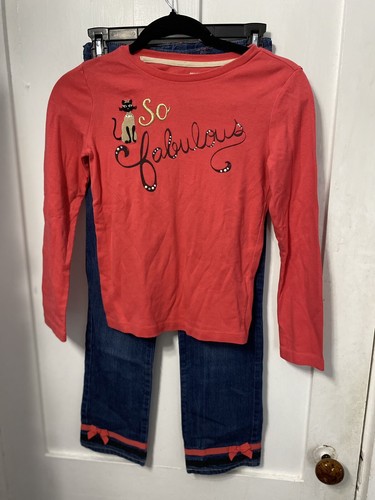 Gymboree Girls Sz10 PURRFECTLY FABULOUS Coral Top & Jeans w/ Coral Black Ribbons - Picture 13 of 13
