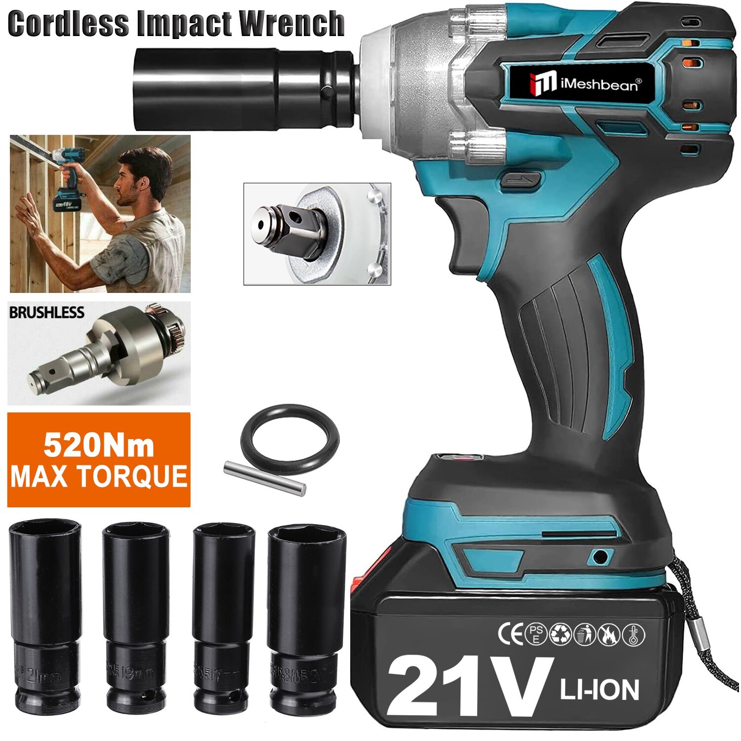 520N.m Cordless Brushless Impact Wrench 18V 1/2
