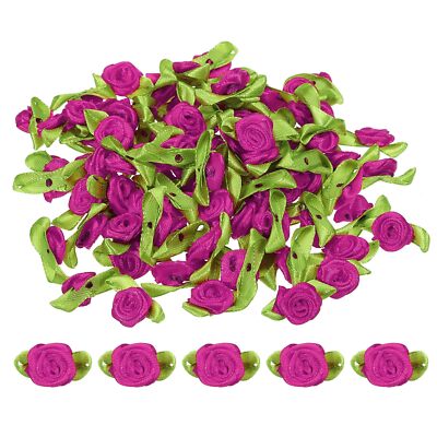 Mini Ribbon Roses 200 Pcs Tiny Satin Fabric Flowers with Green Leaves Embelli...