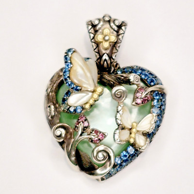 Barbara Bixby SS&18K Garden Heart Enhancer Pendant Butterfly Topaz MoP Doublet
