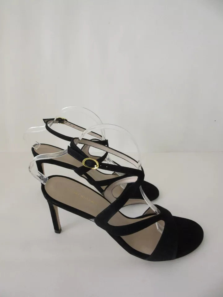 Sandálias salto agulha STUART Weitzman camurça preta tamanho 11 biqueira aberta - Imagem 4 de 4